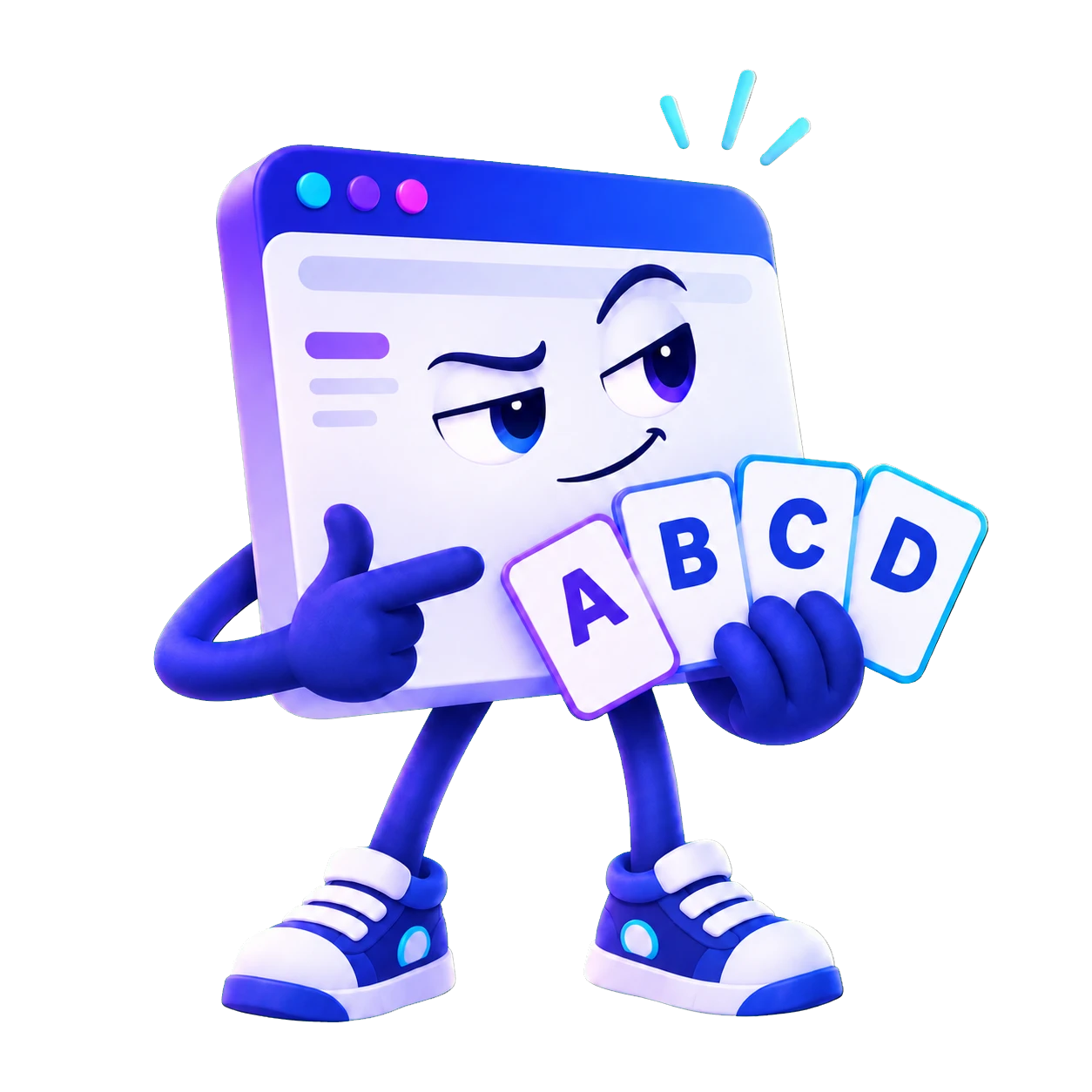A mischievous webpage character holding four quiz answer cards