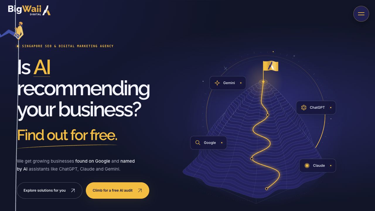 Big Wall Digital’s homepage opens with “Is AI recommending your business? Find out for free” and a free AI audit button.
