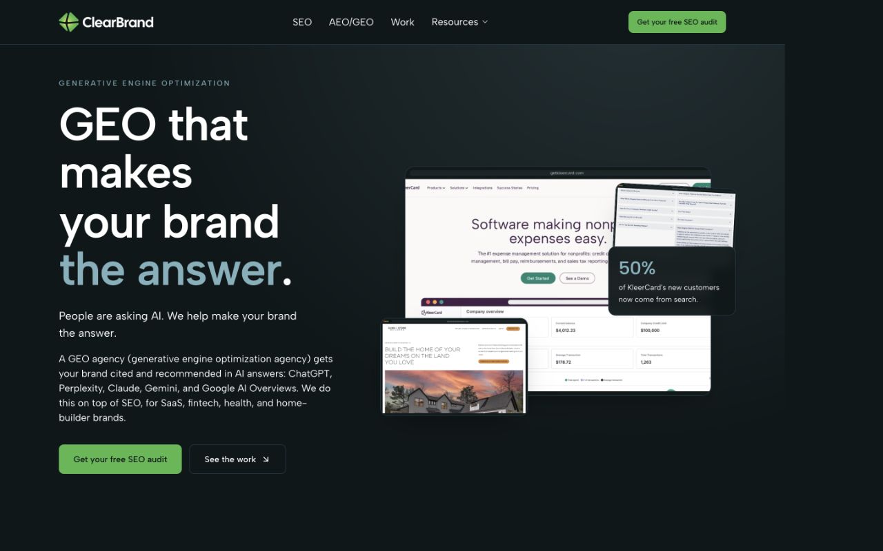 ClearBrand’s GEO service page promises to make the client’s brand the answer and describes citations and recommendations in AI answers.
