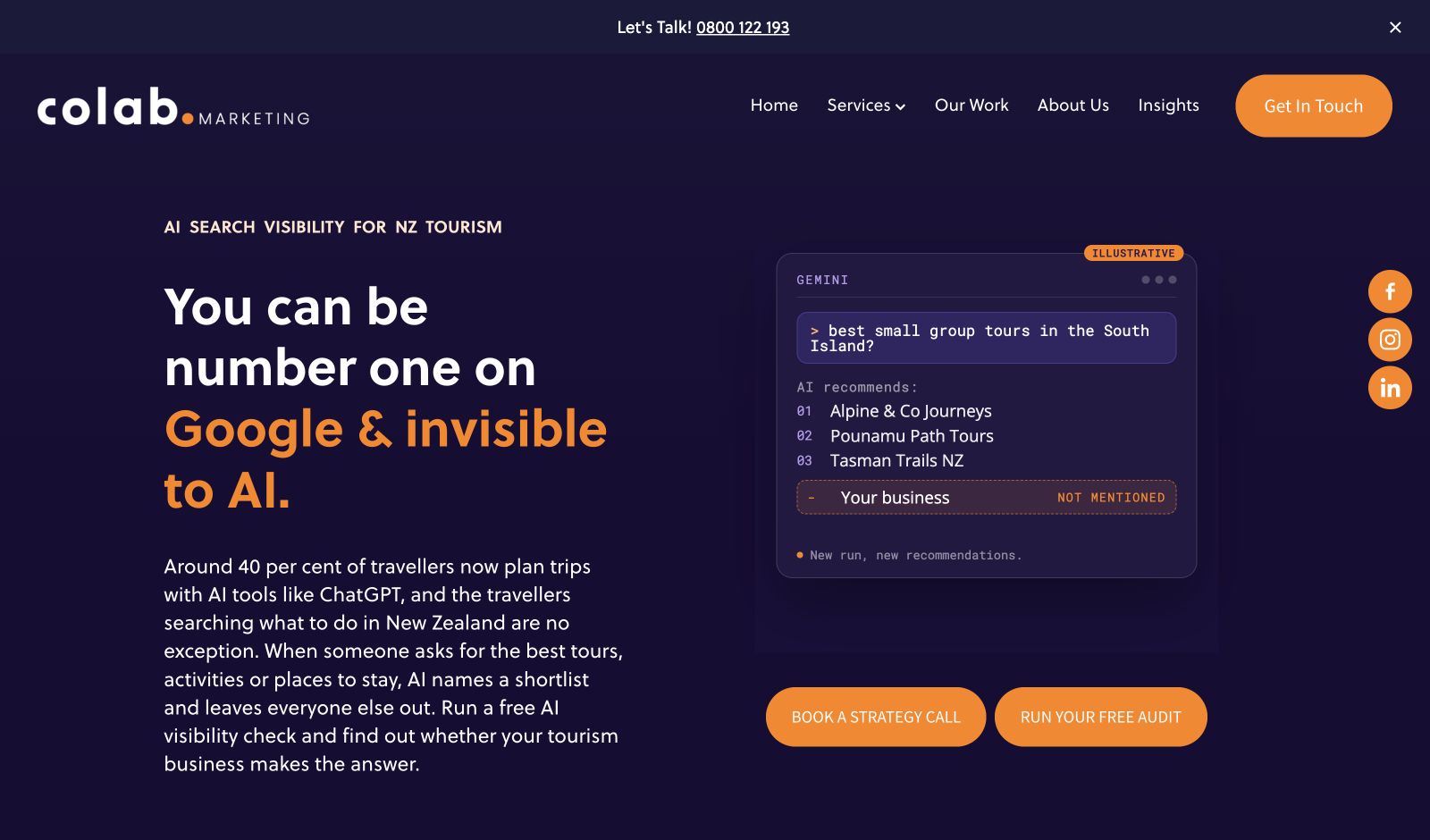 Colab Marketing’s tourism page says You can be number one on Google and invisible to AI, with a Run your free audit button.
