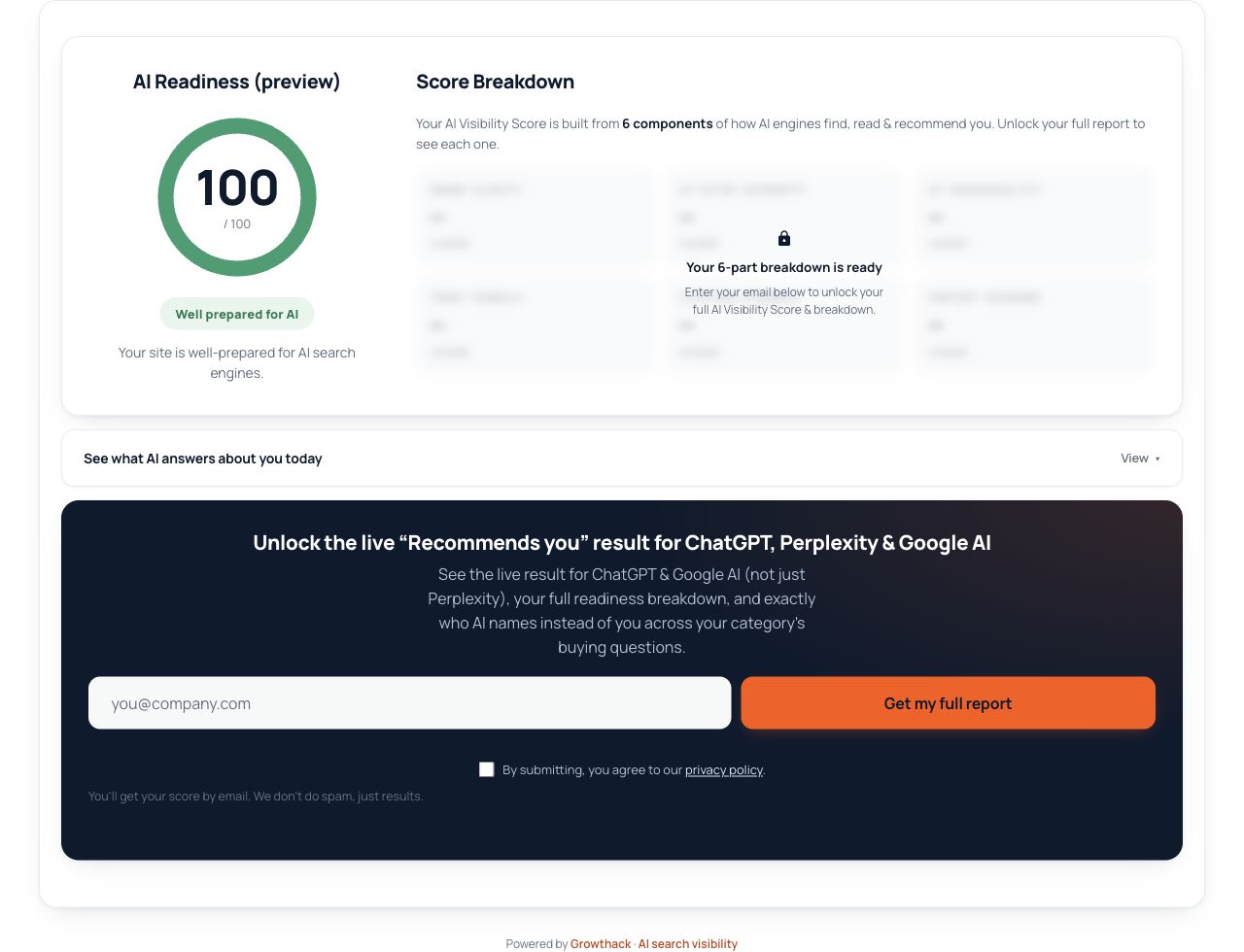 Growthack’s live automated audit preview shows a readiness score, a locked breakdown and an email form to unlock the full report.