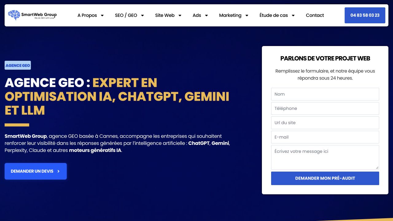 SmartWeb Group’s GEO service page includes a form with a Request my pre-audit button, shown in French.